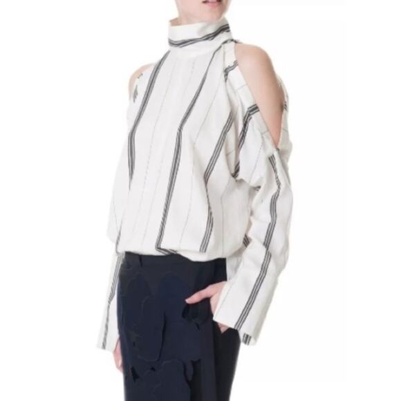 Tibi Warren striped buttons sleeve blouse cold shoulder sz XS - Picture 1 of 7